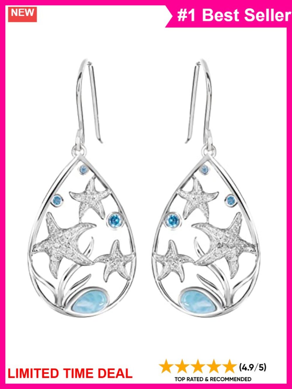 Sterling Silver Larimar Starfish Topaz Dangle Earrings Hook Drop Hawaiian